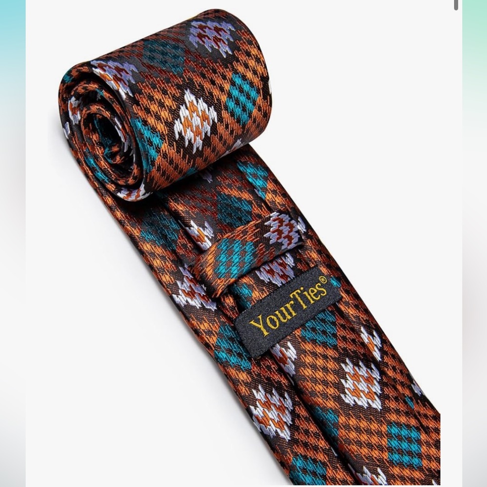 SILK TIE SET: MENS 5pc Orange Plaid Tie, Pocket Square, Cufflinks, Lapel Pin NWT - Picture 3 of 6